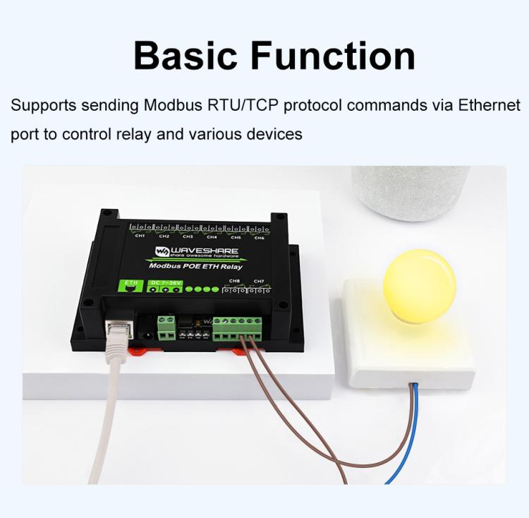Waveshare 24964 Industrial 8-ch Ethernet Relay Module, PoE Port Communication, 24964