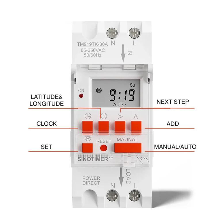 85-265VAC Astronomical Time Switch For Automatic Calculation Of Sunrise And Sunset In Latitude And Longitude, SINOTIMER  TM919TK-16A, SINOTIMER  TM919TK-30A