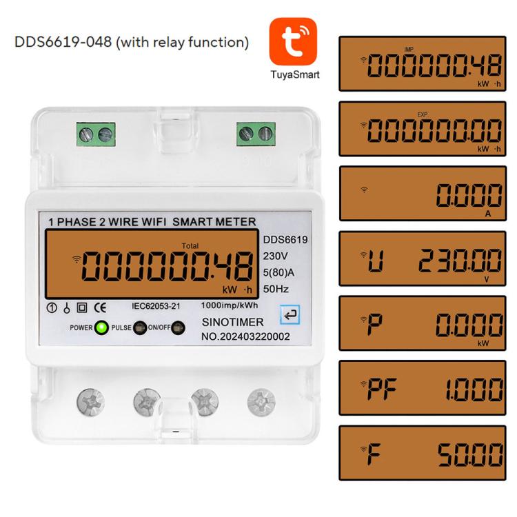 Single-phase Tuya WiFi Energy Meter AC 220V, SINOTIMER DDS6619-048 80A With Switch, SINOTIMER DDS6619-047 100A Without Switch