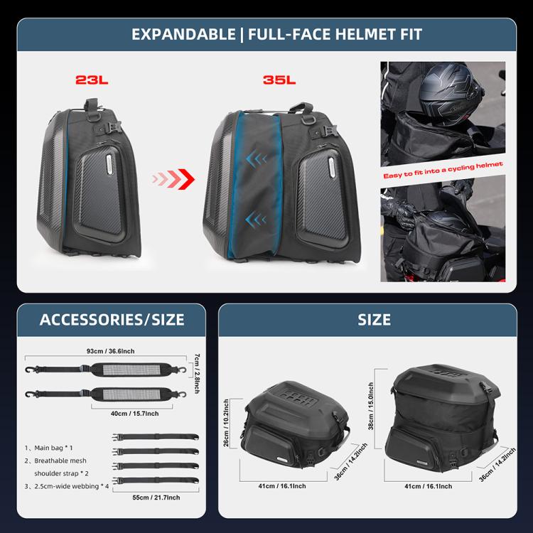 Rhinowalk MT2335 23L-35L Expandable Large-capacity EVA Hard Shell Motorcycle Tail Bag