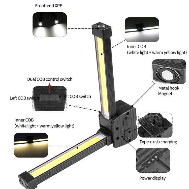 Double-Sided COB 90-Degree Folding Work Light Magnet With Hook Maintenance Light