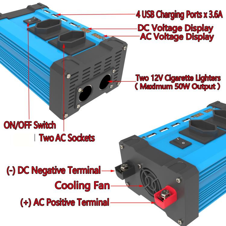 Gurxun 4 USB Ports Digital Display Modified Square Wave Inverter, 300W US Plug 12V To 110V, 500W US Plug 12V To 110V, 300W Brazil Plug 12V To 110V, 500W Brazil Plug 12V To 110V, 300W Brazil Plug 12V To 220V, 500W Brazil Plug 12V To 220V