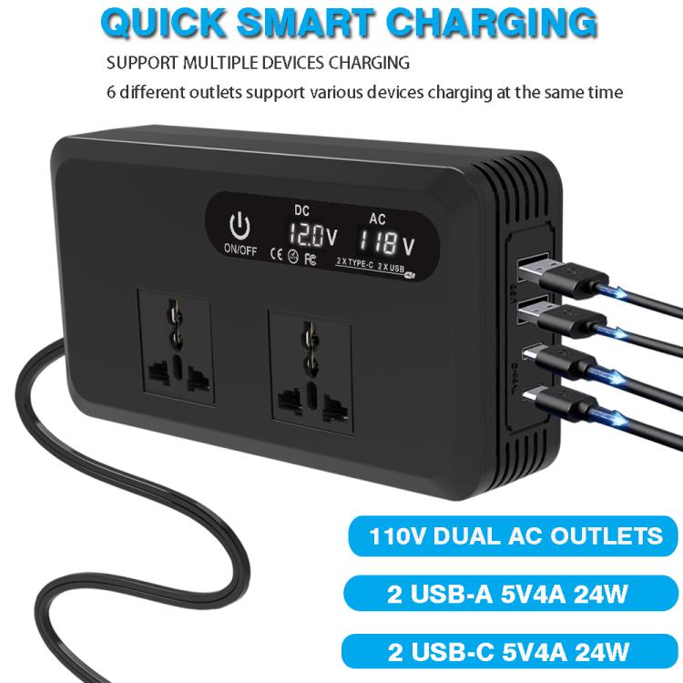 Gurxun Dual Digital Display Car Inverter With 2 USB+2 Type-C Ports, Universal Plug 220V, Universal Plug 110V, Brazil Plug 220V, Brazil Plug 110V, US Plug 110V