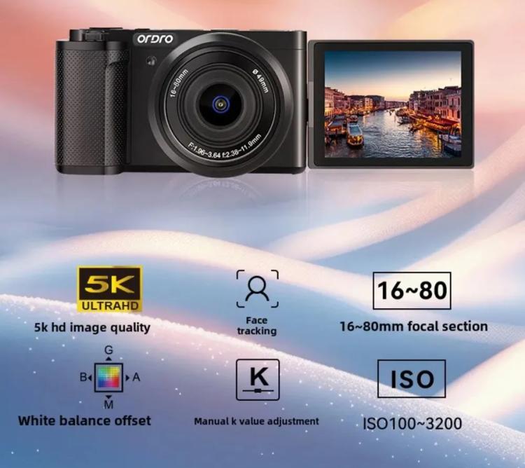 Ordro G930 8.0MP 5K CCD Digital Camera 5X Optical Zoom & Wide-Angle 3.2" Touch Screen Vlogging Camera, G930 White, G930 Blac