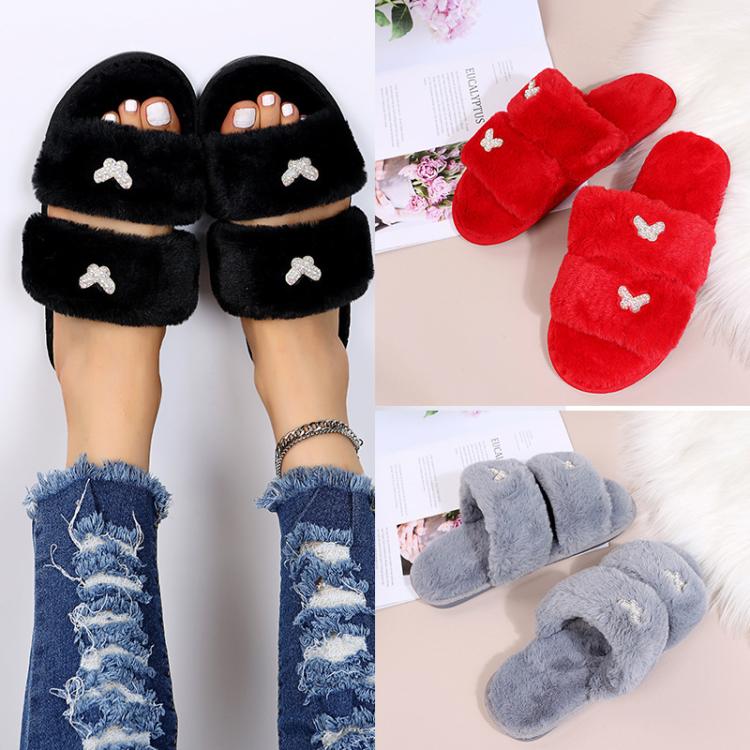 Women Flat Sole Plush Slippers with Butterfly Rhinestone Decor Soft Indoor/Outdoor House Shoes, 36-37, 38-39, 40-41