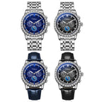 Dulunwe 30m Waterproof Luminous Zircon Automatic Mechanical Watch, 6050 Blue Leather Strap, 6050A Black Leather Strap, 6050 Blue Steel Strap, 6050A Black Steel Strap