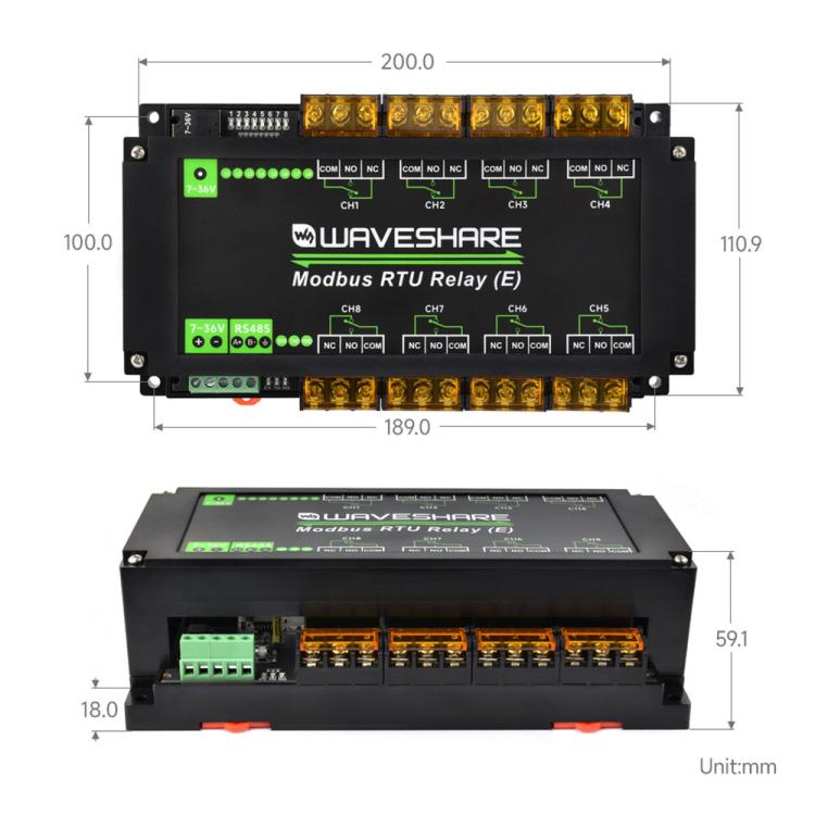 Waveshare Modbus RTU Protocol Rail-Mounted Case 8-Way RS485 30A High-Current Relay Module, 30459