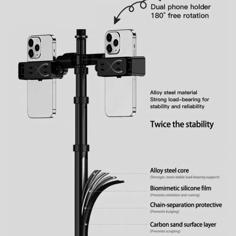 Adjustable 55-Inch Quadpod Live Streaming Phone Stand Foldable Tripod With Dual Phone Clip & 1/4 Inch Screw, YY-2