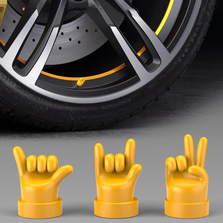4pcs /Set Car Gesture Valve Tire Decorative Rubber Cap, Yellow Middle Finger, Black Middle Finger, Yellow OK, Black OK, Yellow Rock, Black Rock, Yellow Yeah, Black Yeah, Yellow Six, Black Six