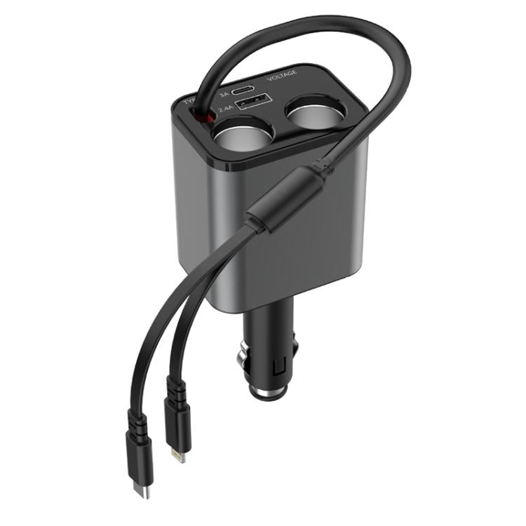 120W 1 To 2 Retractable USB Car Fast Charging Charger With Cigarette Lighter