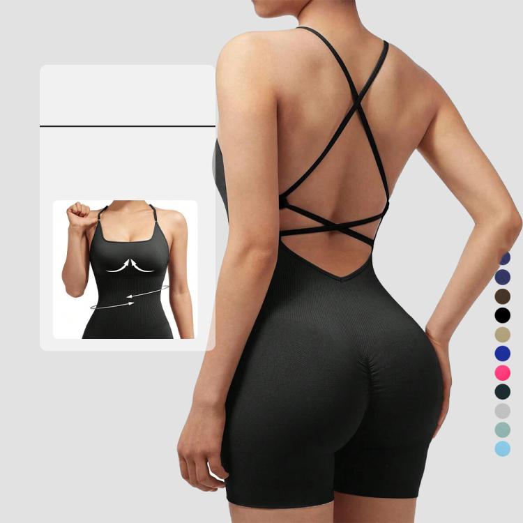 Seamless Sexy Criss Cross Backless Cami Yoga Bodysuit Fitness One-Piece Workout Outfit, S, M, L