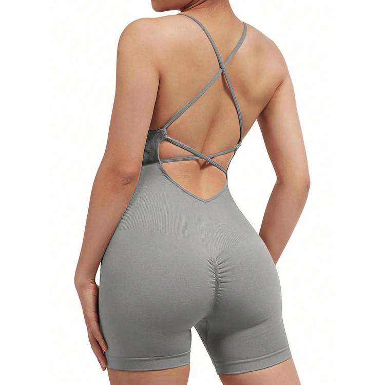 Seamless Sexy Criss Cross Backless Cami Yoga Bodysuit Fitness One-Piece Workout Outfit, S, M, L
