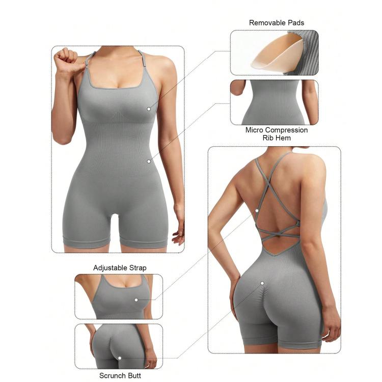 Seamless Sexy Criss Cross Backless Cami Yoga Bodysuit Fitness One-Piece Workout Outfit, S, M, L