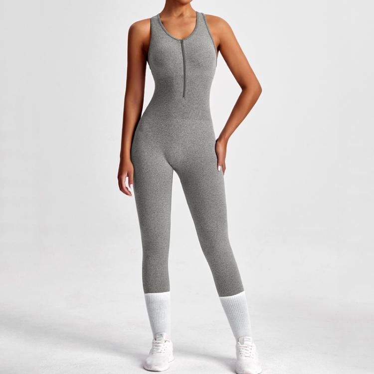 Women Backless Long Yoga Bodysuit with Front Zipper - Waist Cinching & Hip Lifting for Running, Fitness, Workout, S, M, L