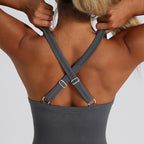 Women Seamless Ribbed Yoga Jumpsuit Cropped Racerback Workout Bodysuit with Side Pocket, S, M, L
