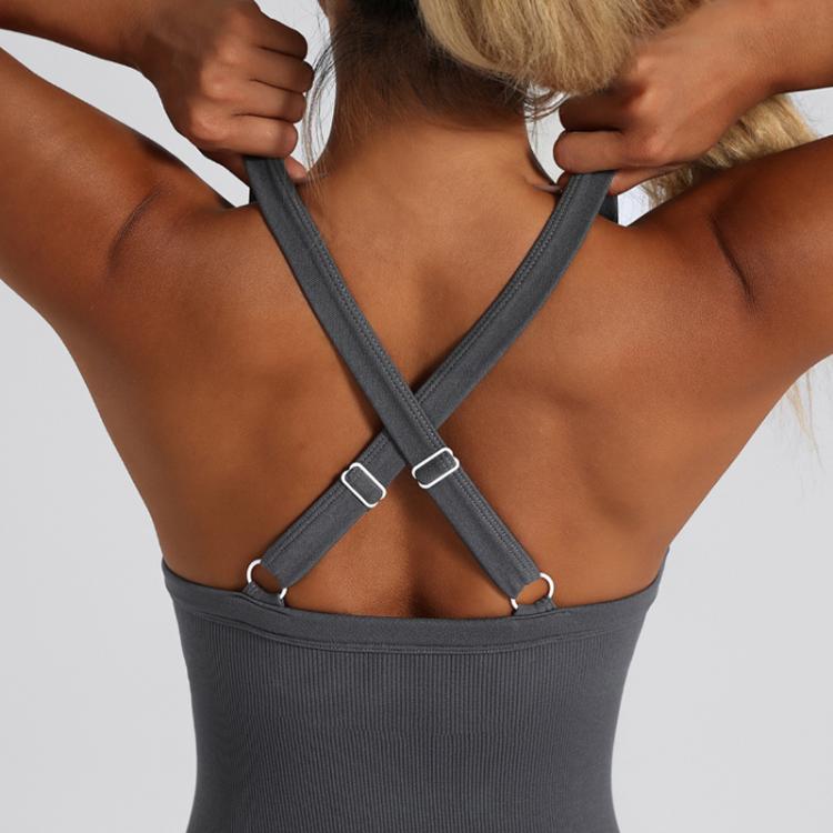 Women Seamless Ribbed Yoga Jumpsuit Cropped Racerback Workout Bodysuit with Side Pocket, S, M, L