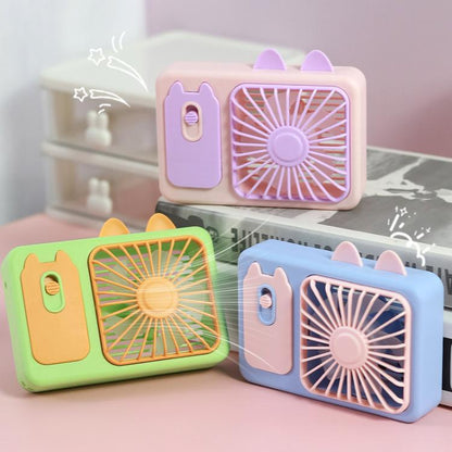 Cute Cartoon Kitten Camera Handheld Large Wind Rechargeable Fan With Stand Desktop Fan