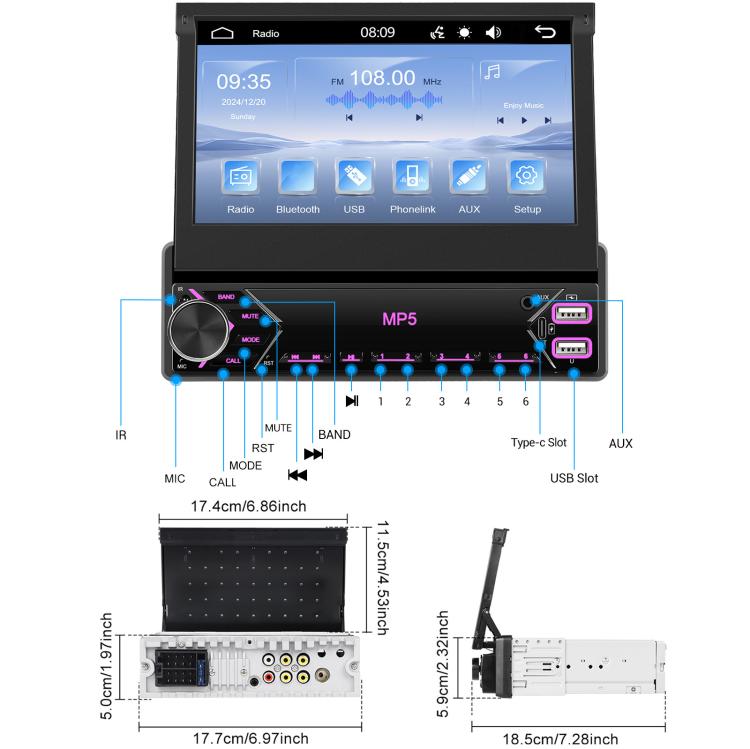 7 inch Universal Manual Retractable Screen Car MP5 Player Car Center Control All-in-One Wired Carplay, Standard, Standard+12 Light Camera