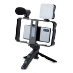 Smartphone Cage Stabilizer with Microphone & LED Fill Light - Anti-Shake Handheld Gimbal for Vlogging, AY-49B