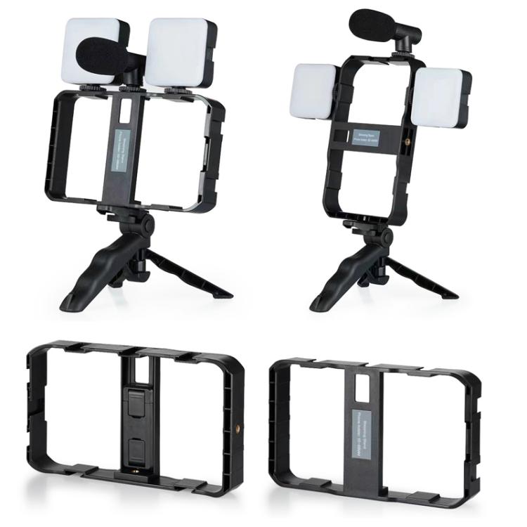Smartphone Cage Stabilizer with Microphone & LED Fill Light - Anti-Shake Handheld Gimbal for Vlogging, AY-49B