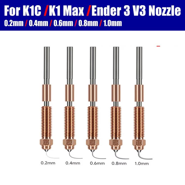 All-in-One Chrome Zirconium Copper Nozzle for Creality Ender-3 V3/K1C/K1 Max 3D Printers, 1.75/0.2mm, 1.75/0.4mm, 1.75/0.6mm, 1.75/0.8mm, 1.75/1.0mm