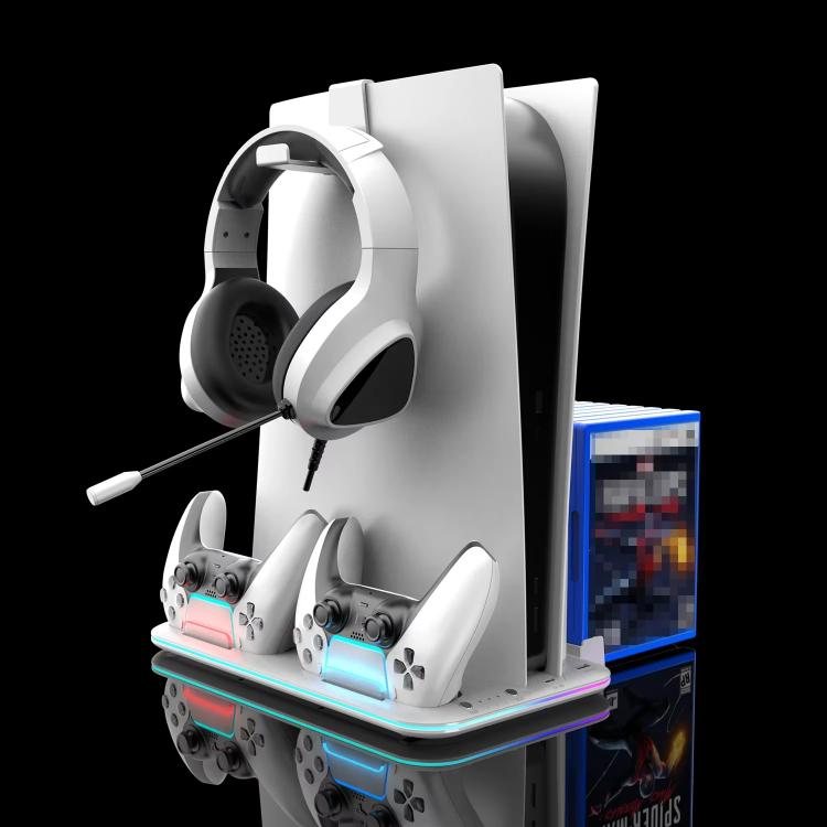 For PS5 Slim / Pro Multi-functional Cooling Stand with Controller Charging Station & Game Disc Storage Holder