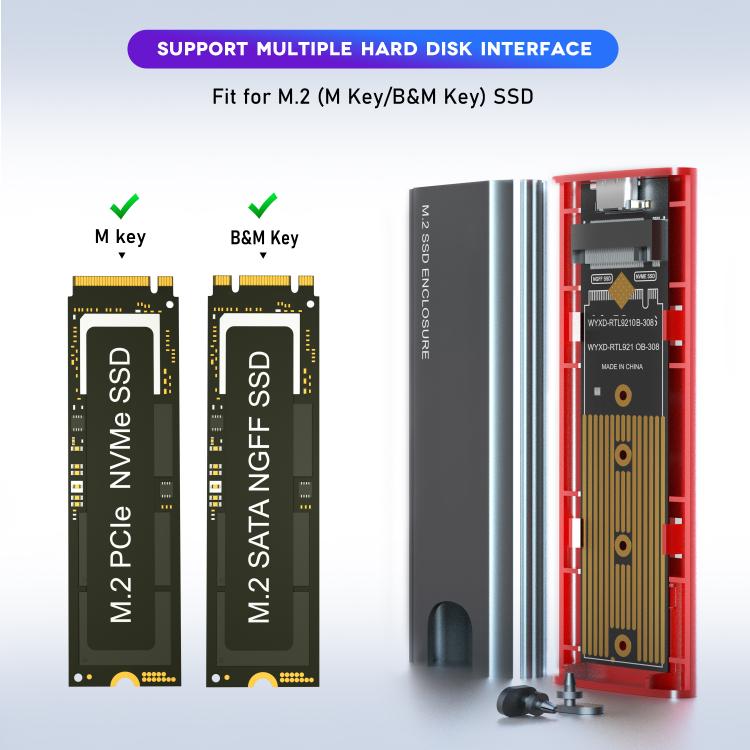 M.2 NVMe/SATA SSD Enclosure USB-C 10Gbps External Case Supports Up To 2TB, With USB-A To Type-C Cable, With Type-C Cable, With 2 Cables, With 2-in-1 Cable