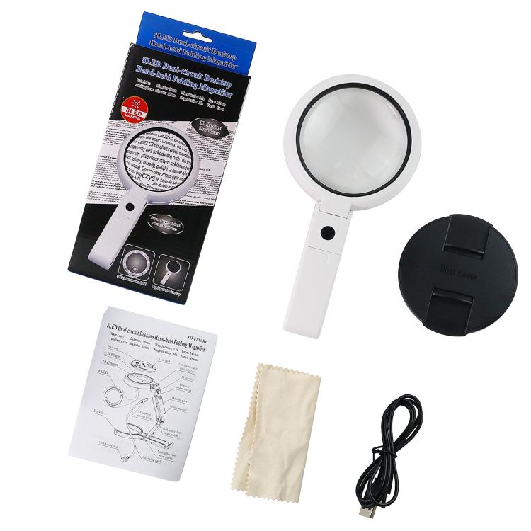 90mm 10X Foldable Handheld Magnifying Glass With 8 LED Lights, 10X Handheld With 8 LED