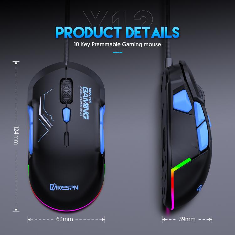 MKESPN 12800 DPI Ambidextrous Wired Gaming Mouse - 10 Programmable Buttons, RGB Customization, Symmetrical Design