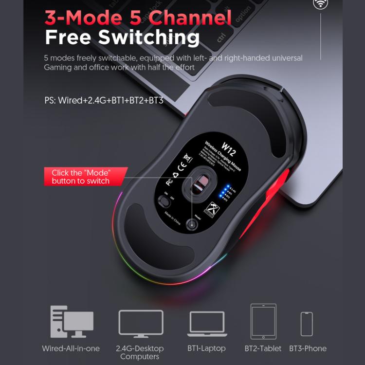 MKESPN W12 Tri-Mode 5-Channel Gaming Mouse 10-Key 10000 DPI Ambidextrous Design RGB Macro Mouse, W12 Blue, W12 Red