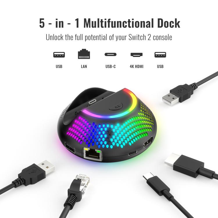 For Nintendo Switch 2 JYS 4K 60Hz TV Dock 5-In-1 HUB With Gigabit Ethernet Port RGB Ambient Lighting, JYS