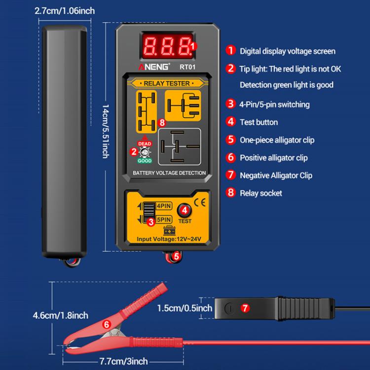 ANENG 12V/24V Car Battery Relay Four-Pin Digital Display Tester