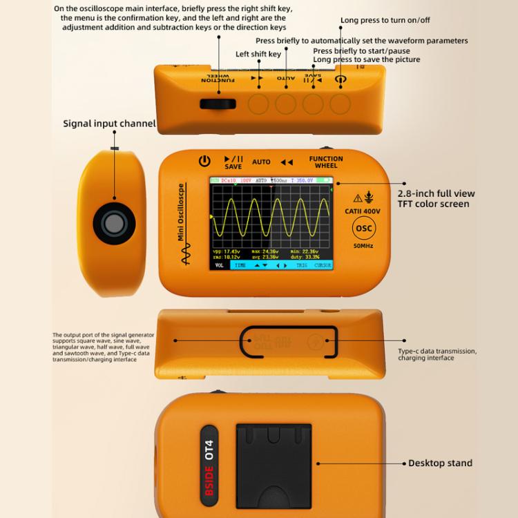 Miniature Oscilloscope Signal Generator Rechargeable Handheld Color Screen 50MHz Oscilloscope, OT4