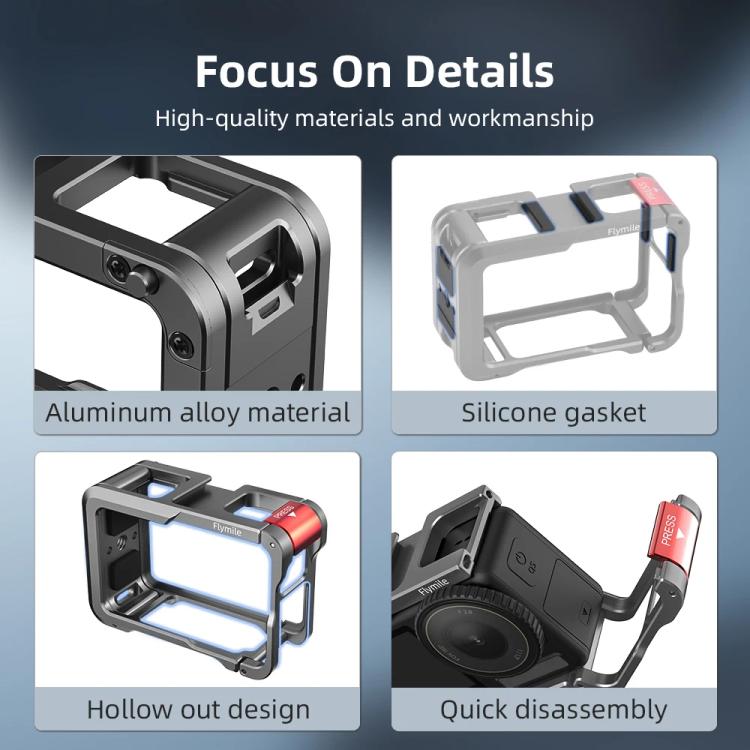 For DJI Action 5 Pro/Action 4/Action 3 Flymile Aluminum Alloy Camera Cage Protective Metal Frame, AC4003 Cage