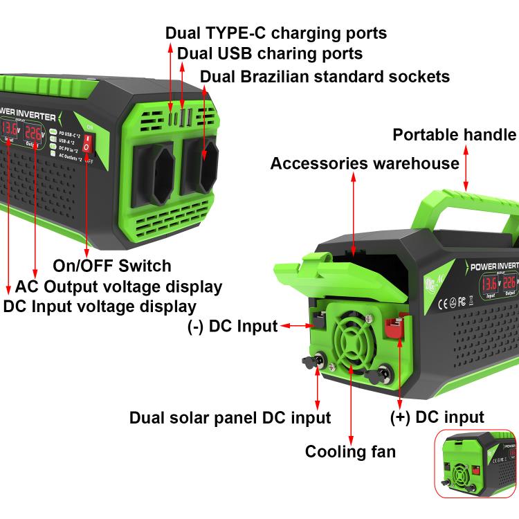 Gurxun Car Pure Sine Wave Inverter Dual AC Sockets + 2 USB + 2 Type-C Ports Outdoor Car Power Converter, 300W EU Plug, 500W EU Plug, 300W US Plug, 500W US Plug, 300W Brazil Plug 12V To 110V, 300W Brazil Plug 12V To 220V, 500W Brazil Plug 12V To 110V   ...