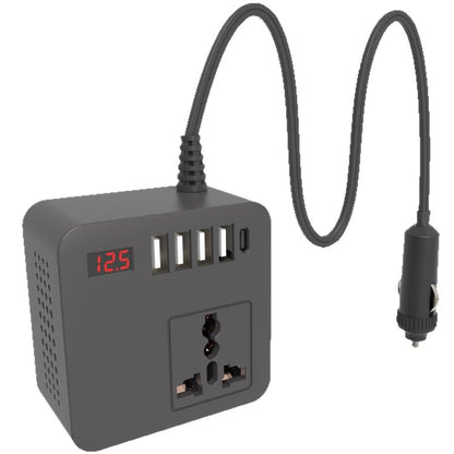 Gurxun 12/24V To 110/220V Multi-Function Car Fast Charger With 4 USB+Type-C+Universal Socket