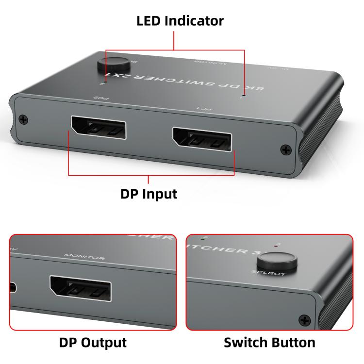 DisplayPort Switch 8K 30Hz HD Splitter For Computer Screen, DP201 2 In 1 Out, DP301 3 In 1 Out