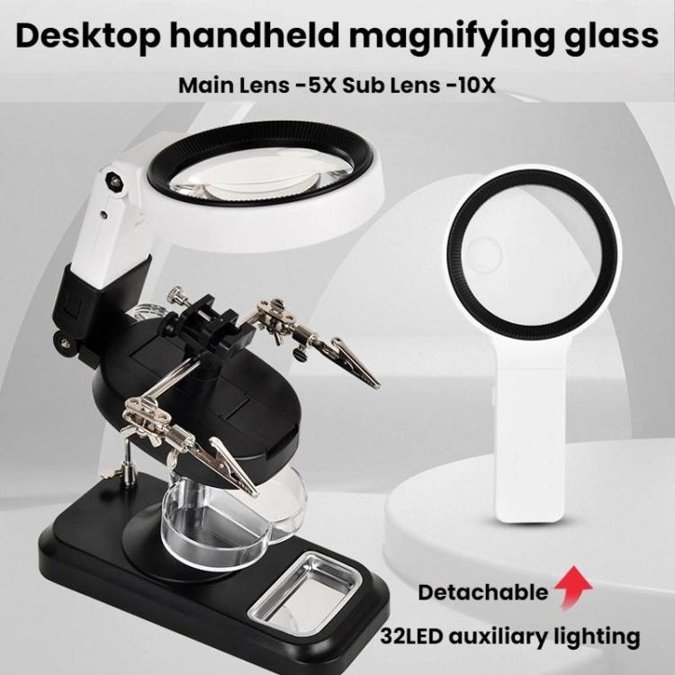 5x 10x Desktop Handheld Magnifying Glass 32 LEDs Soldering Iron Maintenance Workbench
