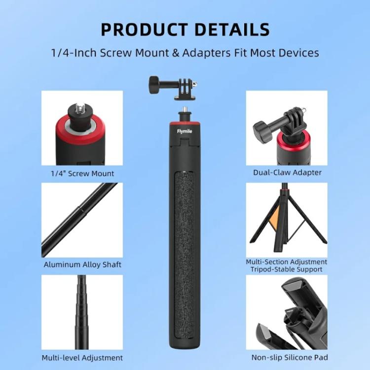 Extendable Selfie Stick Tripod For Action Cameras One-Button Quick Setup Monopod With Wide-Angle View, Flymile 1.4m, Flymile 1.6m