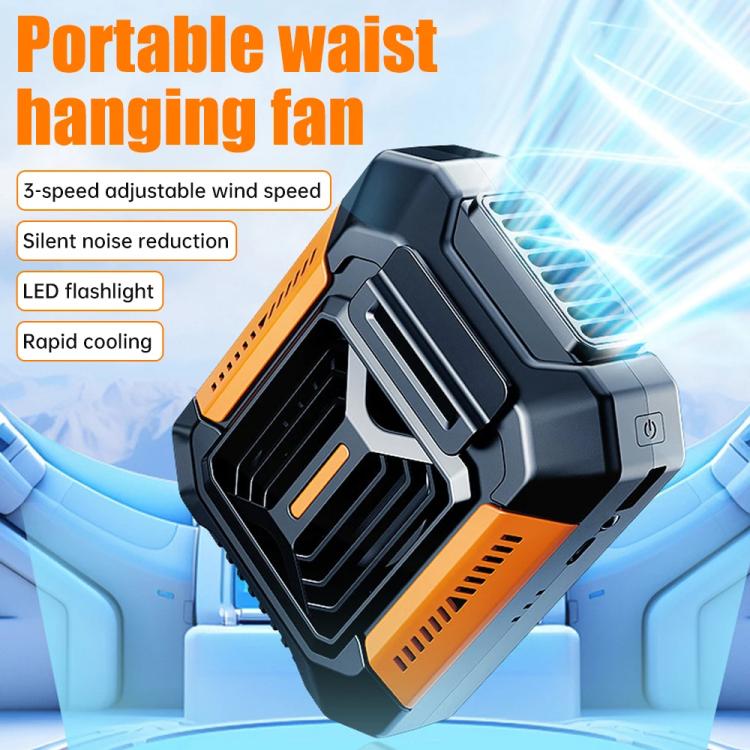 F66 Rechargeable Waist-Mounted Clip Fan With 3-Speed Settings & LED Flashlight Hands-Free Cooling For Construction, Outdoor Work, Hiking, F66 Orange, F66 Green