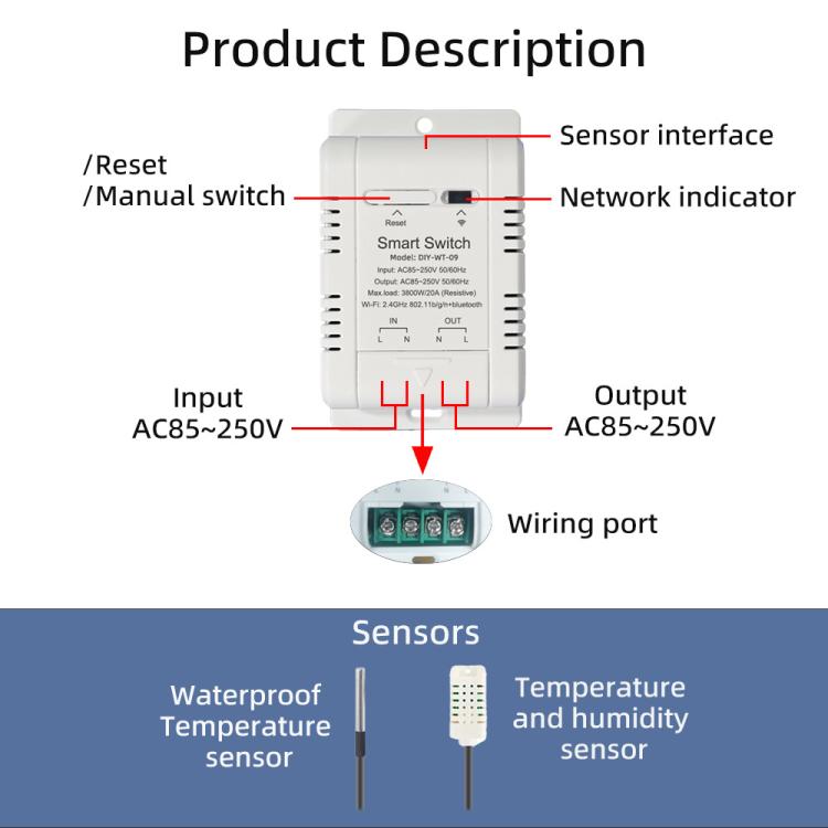 DIY-WT-09 20A Temperature Switch Smart Thermostat, Compatible With Google / Alexa / Yandex Alice / IFTTT, With 1m Temperature Sensor, With 2m Temperature Sensor, Humidity+1m Temperature Humidity Sensor