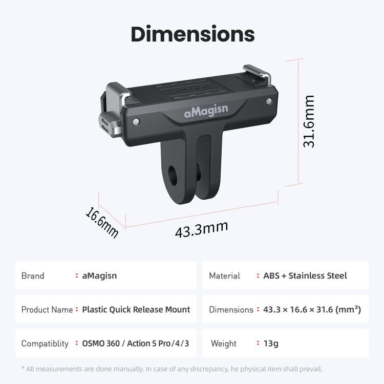 For DJI Osmo 360/Action 5 Pro/4/3 aMagisn Magnetic Quick-Release Adapter Plastic Snap-On Base, AA25