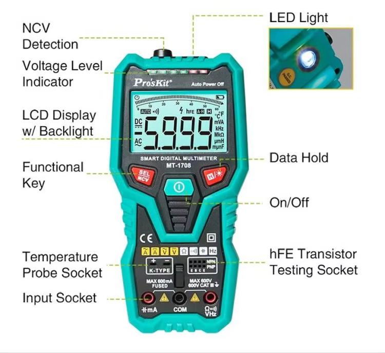 Multifunctional Burn-Proof 3 5/6 Intelligent Digital Multimeter Electrician Auto Ranging Universal Meter, MT-1708-C