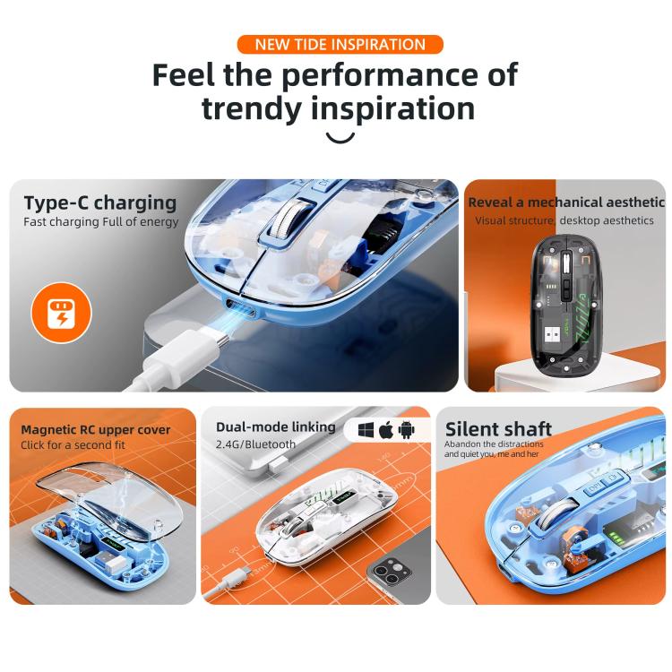 T-WOLF X11 Transparent Wireless Mouse Dual Mode 2.4G+Bluetooth, USB-C Rechargeable with Magnetic Cover