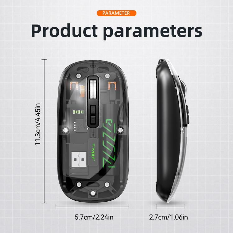 T-WOLF X11 Transparent Wireless Mouse Dual Mode 2.4G+Bluetooth, USB-C Rechargeable with Magnetic Cover