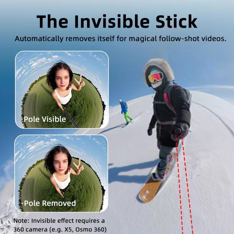 Flymile 16.5-73.5cm Mini Invisible Selfie Stick for Panoramic Cameras Anti-Shake Metal Pole Pocket-Friendly Extendable Selfie Monopod
