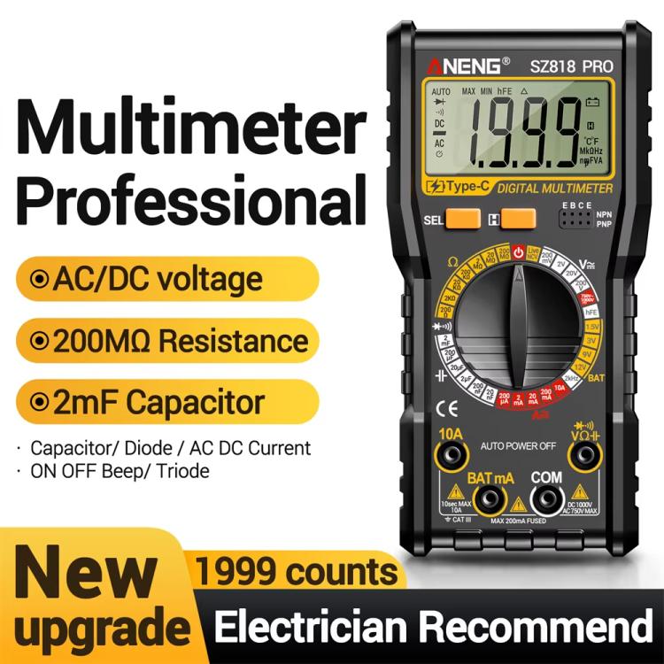 Digital Multimeter with NCV Detection Voltage Tester for AC/DC Current/Voltage, hFE Triode, and Capacitor Test Tool, ANENG SZ818, ANENG SZ818 Pro  Rechargeable