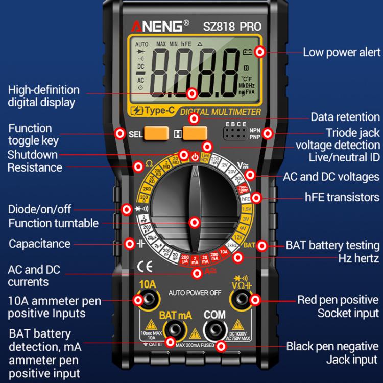 Digital Multimeter with NCV Detection Voltage Tester for AC/DC Current/Voltage, hFE Triode, and Capacitor Test Tool, ANENG SZ818, ANENG SZ818 Pro  Rechargeable