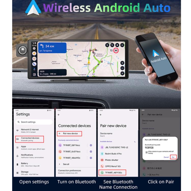Voice-Controlled CarPlay With Split-Screen Dual-Camera Dashcam, Front Camera + Interior View, With Rear View Camera