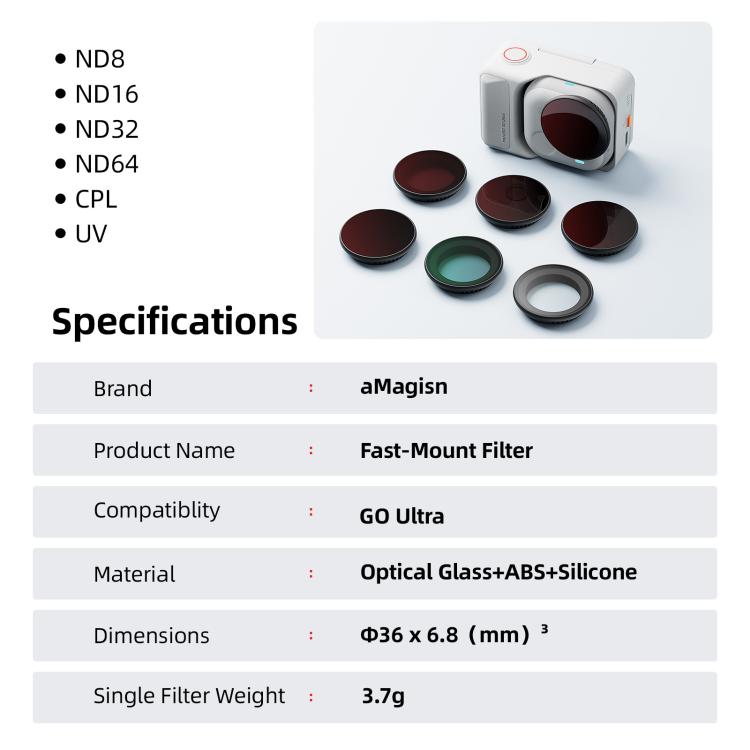 For Insta360 GO Ultra aMagisn Quick-Release Lens Filters Camera Accessories, UV, CPL, ND8+ND16+ND32+ND64, ND8+ND16+ND32+CPL